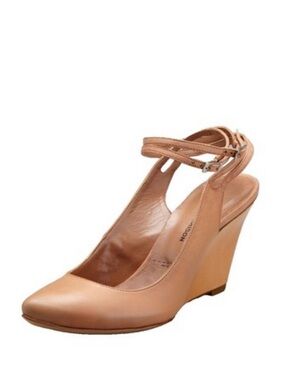 Sigerson Morrison Tan Leather Wedge Heels Size 8.5 Brown Ankle Strap Pointed Toe